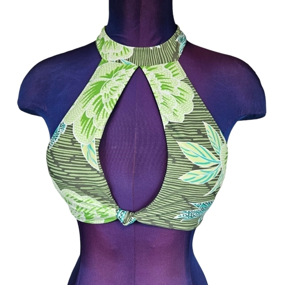 NWT Aerie Green Tropical Floral Print Cut Out Halter Bikini Top Size Small S4‎ - Picture 1 of 8